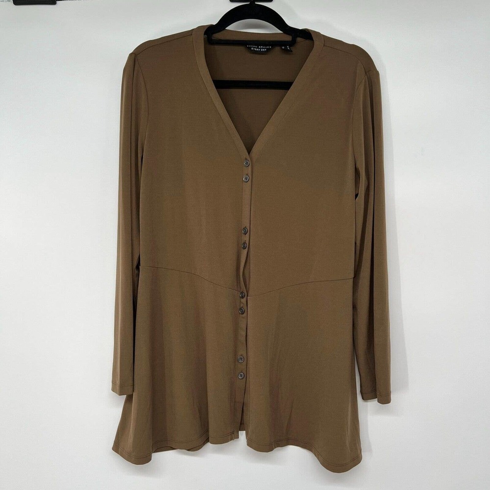 Susan Graver Every Day Top Women's Size M Brown Liquid Knit Button Front Peplum